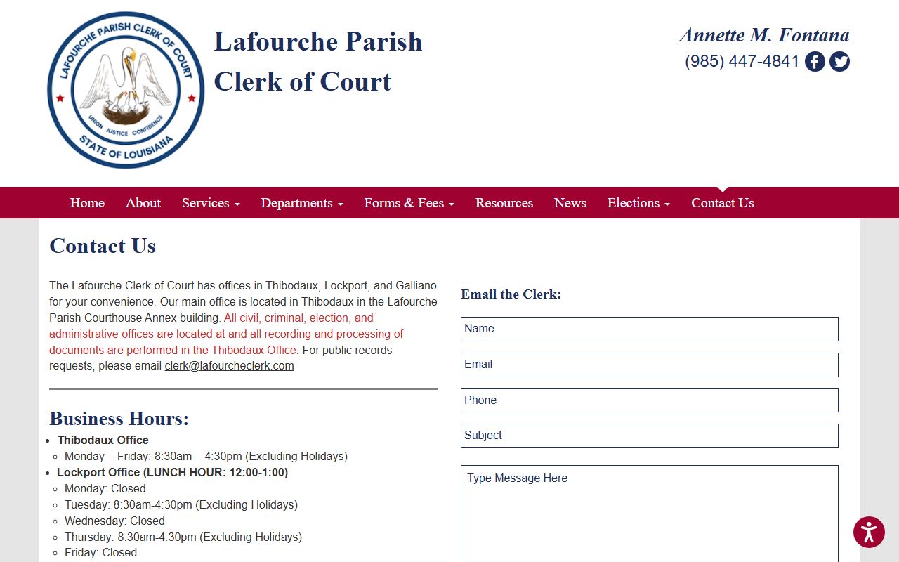 Lafourche Parish Clerk of Court office locations and hours