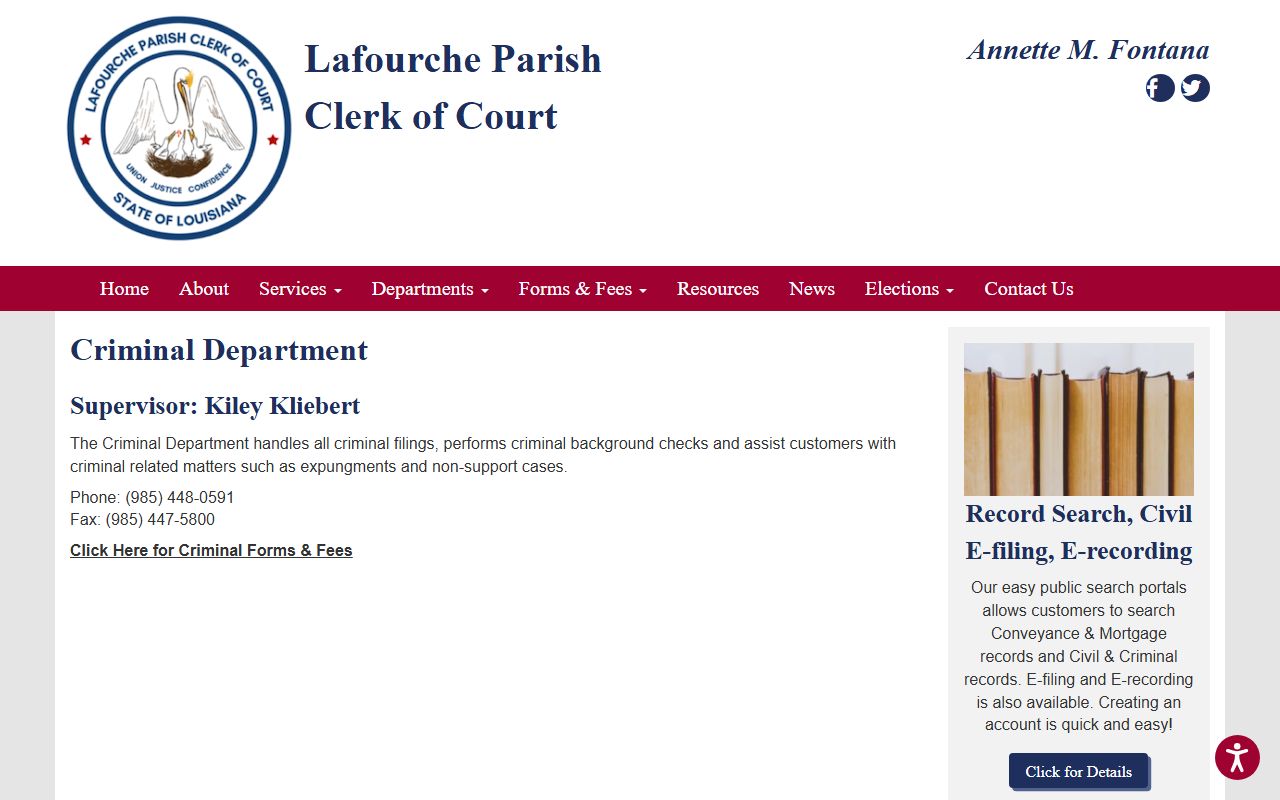 Lafourche Parish Clerk of Court criminal records department