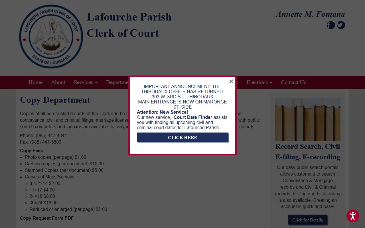 Lafourche Parish Clerk of Court copy department records fees