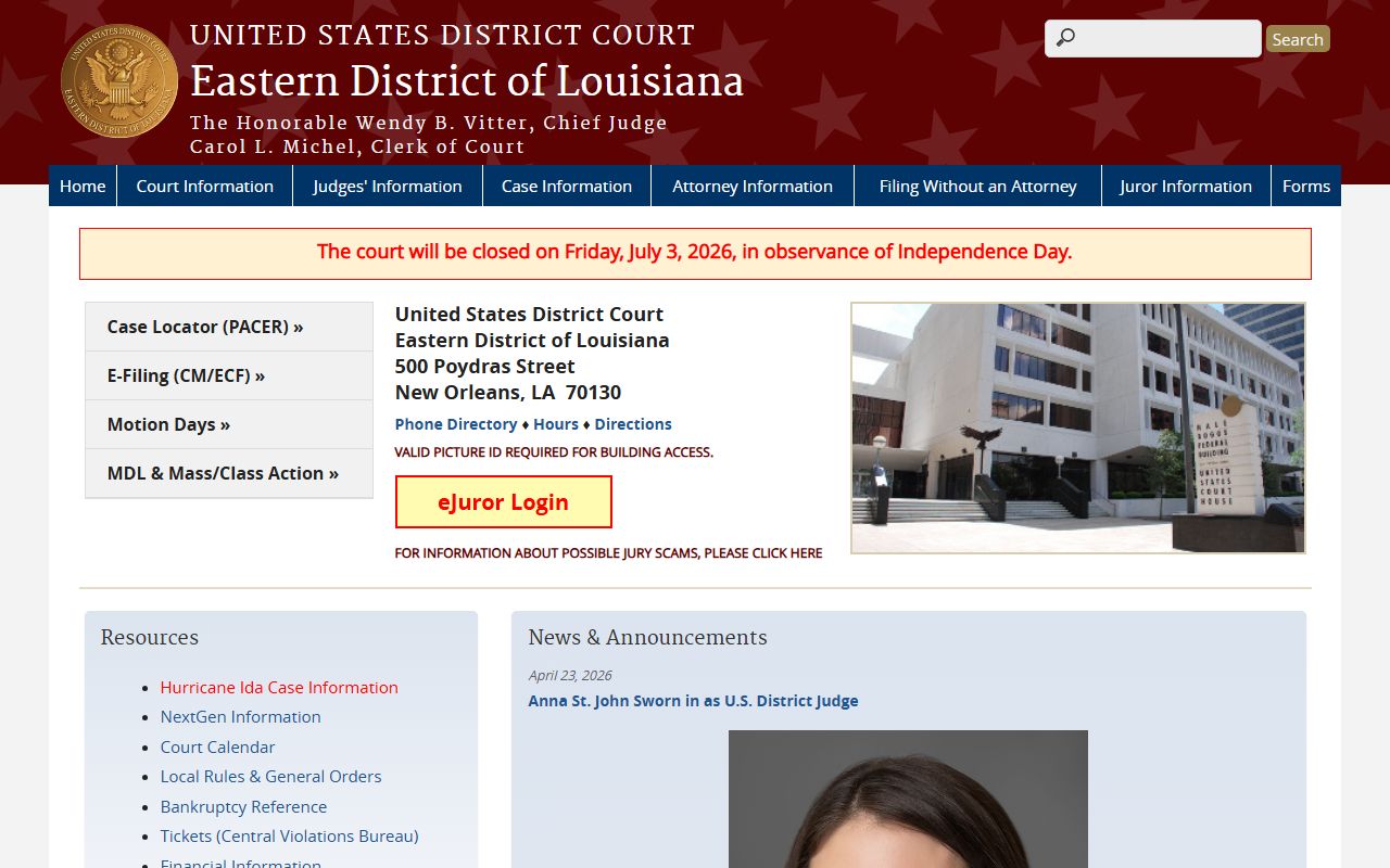 Federal court docket source for Lafourche Parish court docket users