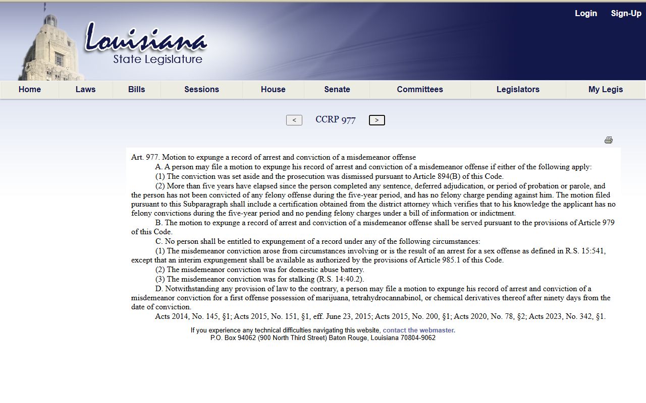 Lafourche Parish criminal court records misdemeanor expungement statute