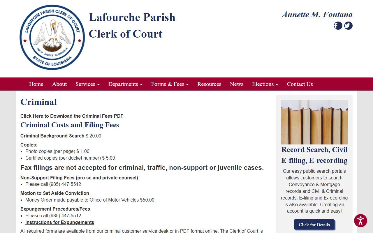 Lafourche Parish criminal court records Clerk criminal page
