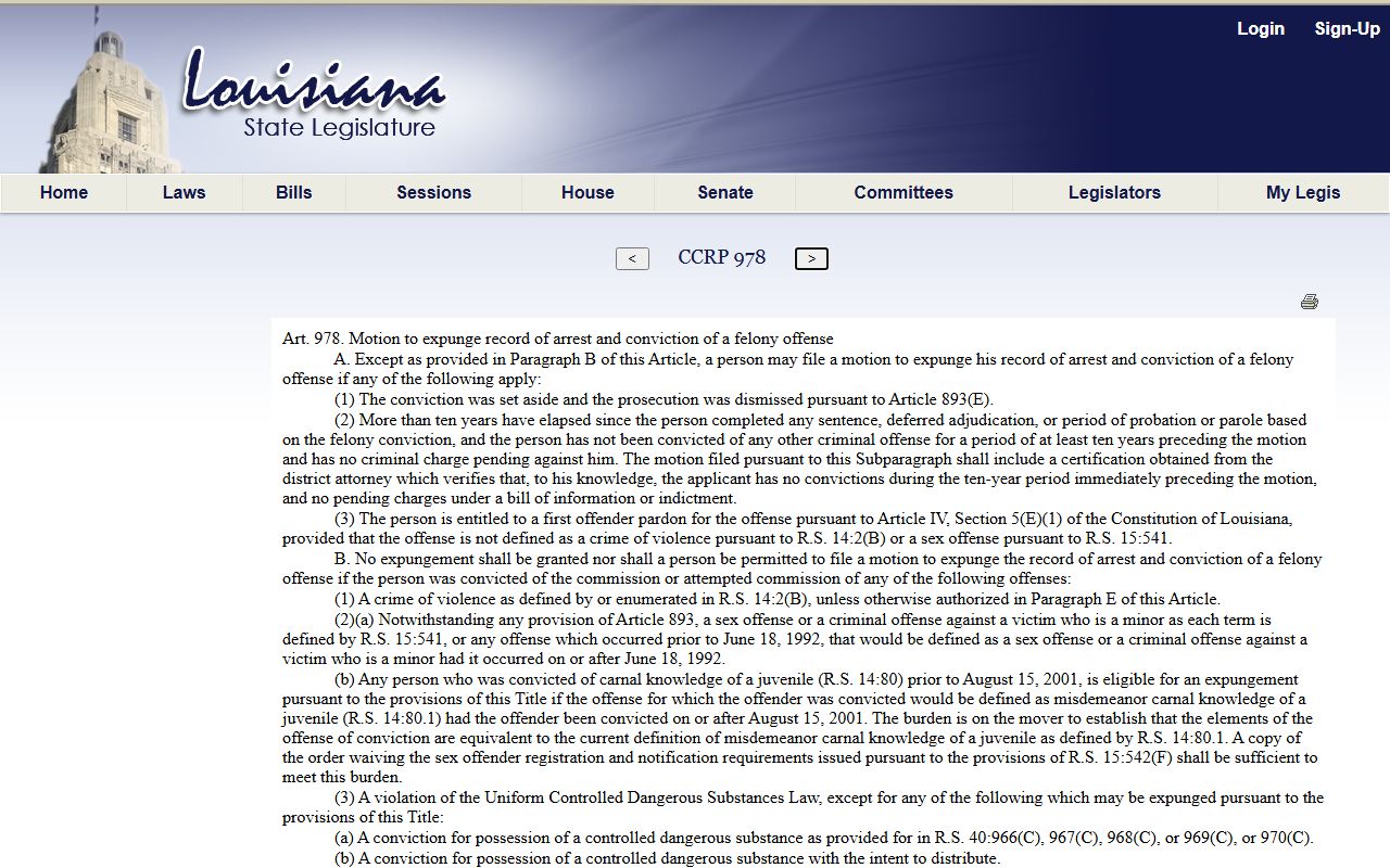 Lafourche Parish criminal court records felony expungement statute
