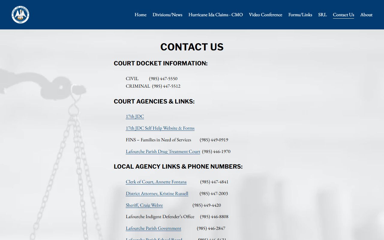 Lafourche Parish District Court contact page and docket offices