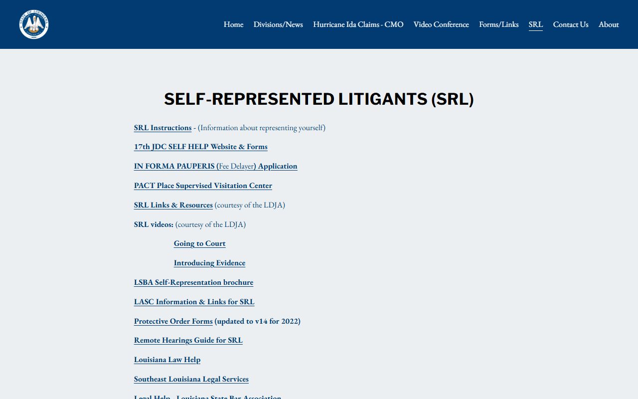 Lafourche Parish District Court self represented litigant resources