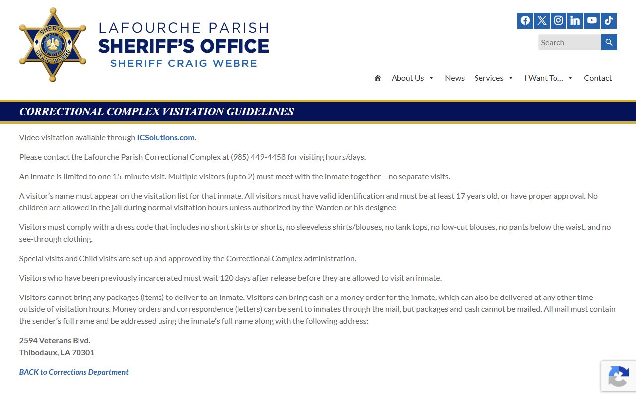 Lafourche Parish inmate records visitation rules
