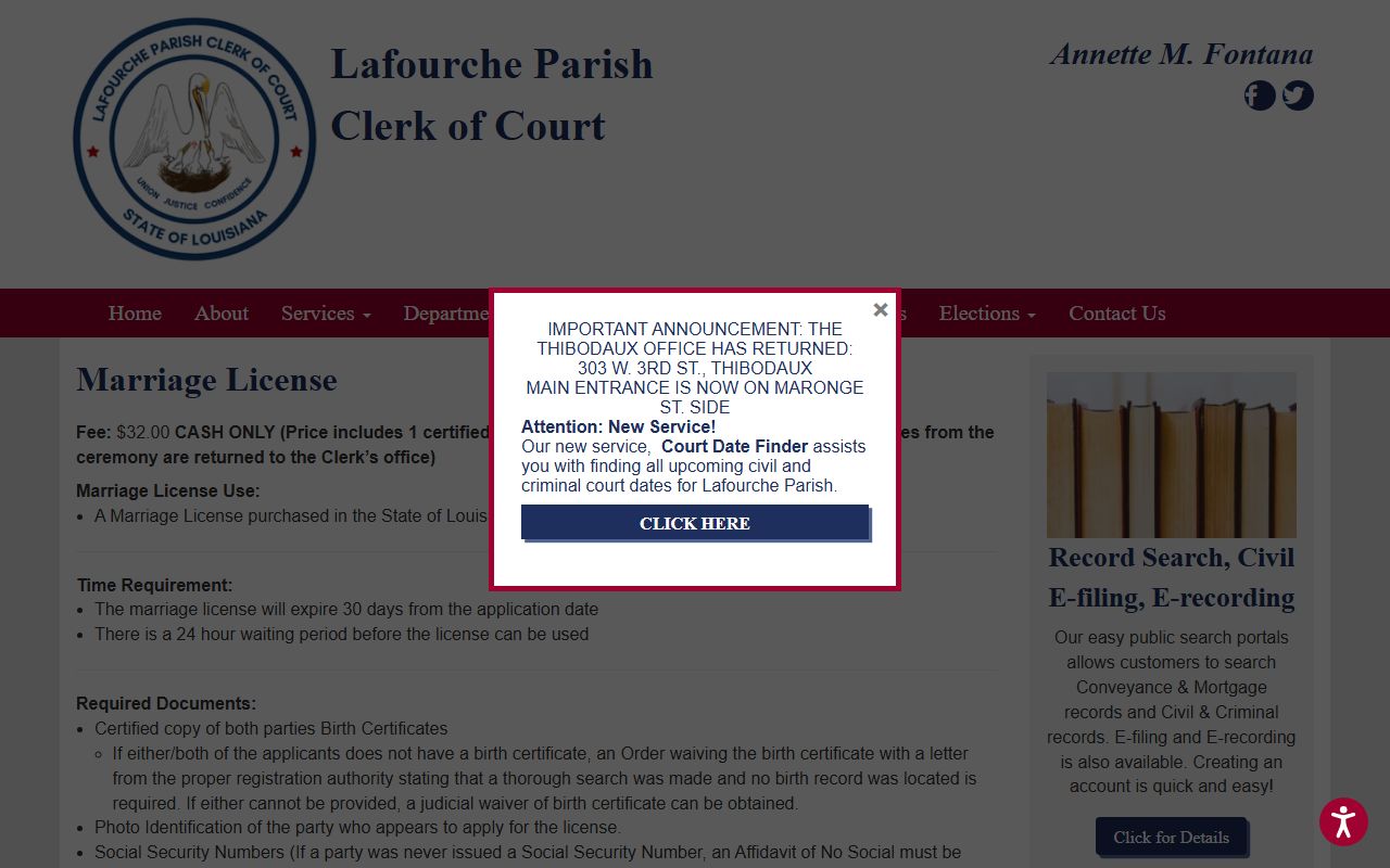 Lafourche Parish marriage records Clerk marriage license requirements