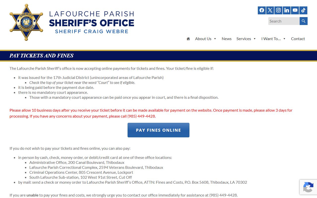 Lafourche Parish traffic court records LPSO ticket fine payment